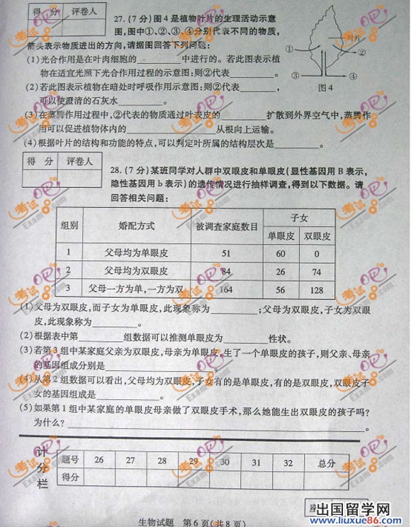2012山东滨州中考《生物》试题及答案