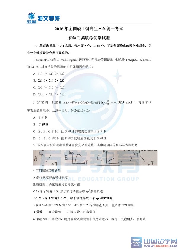 2016农学考研真题（化学）